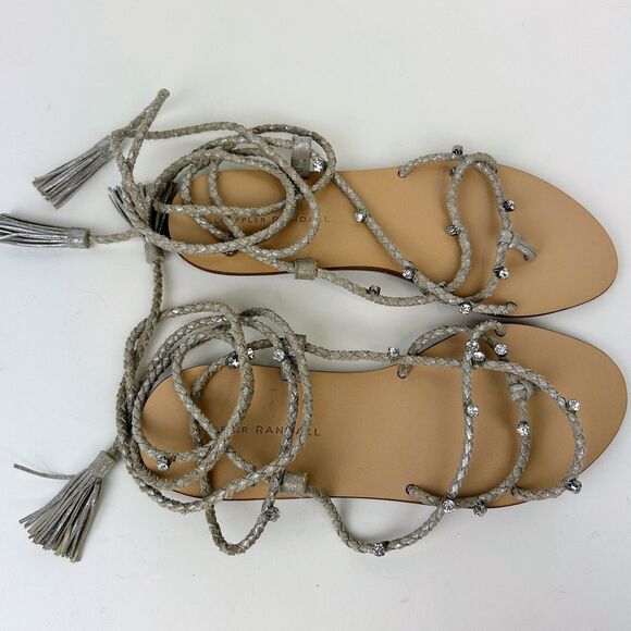 LOEFFLER RANDALL Bo Crystal Embellished Braided Ankle Tie Sandals Metallic Sz 8 - Picture 2 of 14